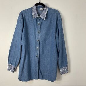 Vintage 90s Denim Shirt Patterned Collar Western Boho Oversized Layering Cottage
